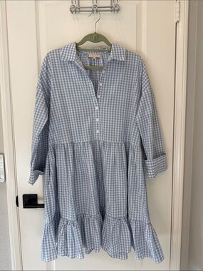 byTiMo Blue Gingham Button-Front Tiered Cotton Shirt Dress